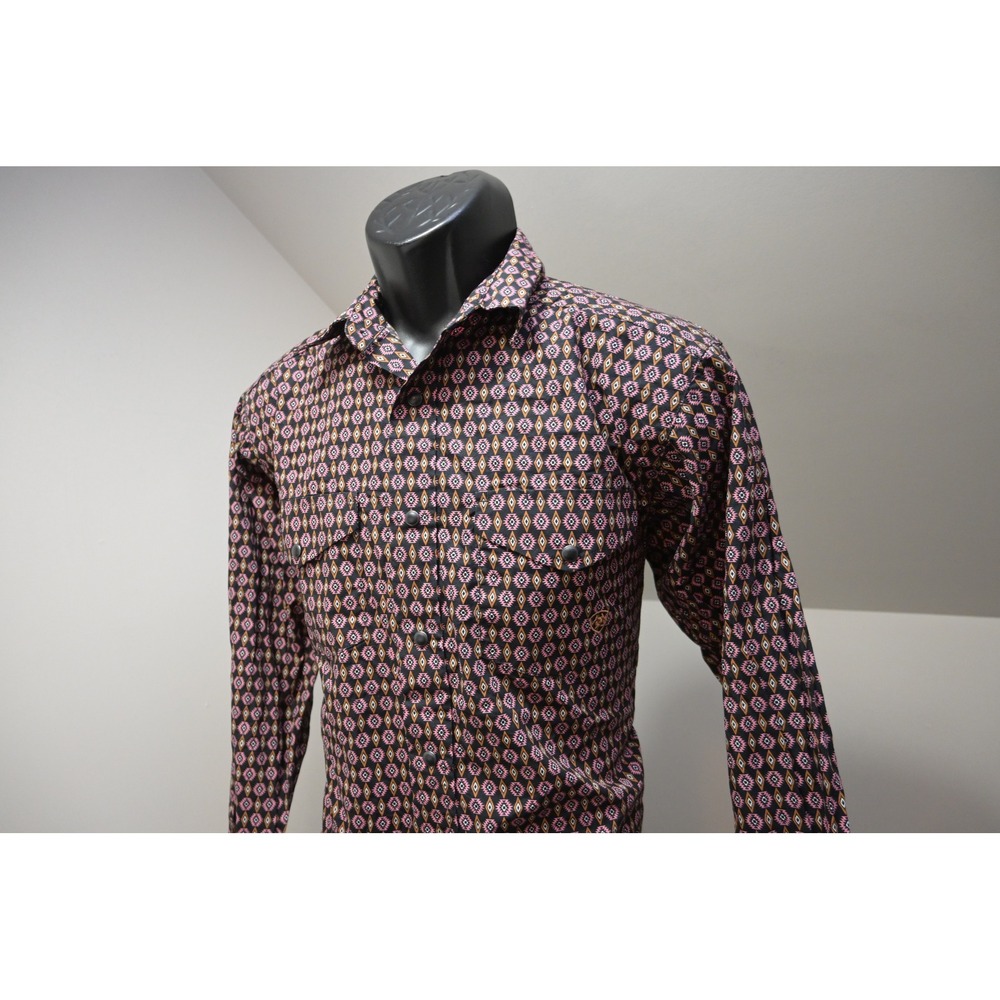 Ariat Western Black Snaps Shirt Mens Small Black Pink Aztec Geometric Print EUC